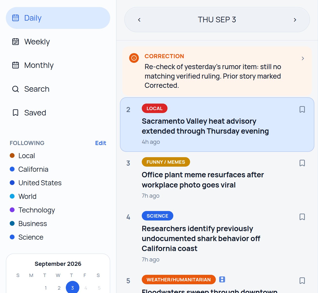 Xummary Daily view: date control set to Thu Sep 3 and a numbered list of stories with category labels.