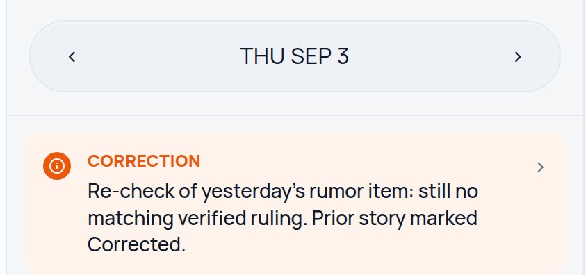 A pinned Correction card at the top of the Daily list noting that a prior rumor item still has no verified ruling.
